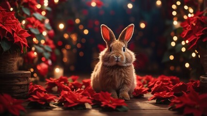 Wall Mural - A cute rabbit surrounded by red poinsettias and festive lights in a cozy setting.