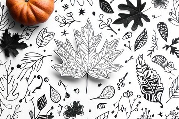 Wall Mural - Autumn leaf, pumpkin, doodles, white background, fall decor