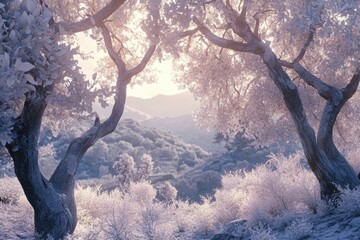 Wall Mural - Winter landscape with frost-covered trees framing a sunlit mountain view.