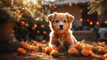 Wall Mural - A cute puppy surrounded by orange flowers in a warm, sunlit garden setting.