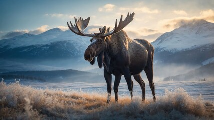 Wall Mural - A majestic moose stands in a frosty landscape with mountains in the background.