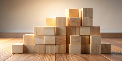 Aufkleber - Wooden blocks forming an ascending structure on a wooden surface, illuminated by soft light