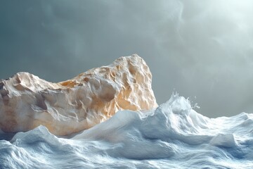 Wall Mural - Abstract art depicting a beige rock formation seemingly emerging from or submerged in a sea of white, textured waves under a cloudy sky.