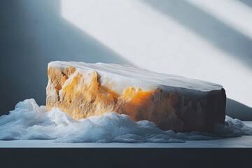 Wall Mural - Abstract art depicting a rock formation resembling a mountain, partially submerged in icy water, bathed in sunlight.