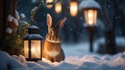 Wall Mural - A serene rabbit sits beside a glowing lantern in a snowy landscape during twilight.