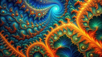 Leinwandbilder - Abstract swirling fractal art vibrant teal and fiery orange hues intertwine in a mesmerizing display of complex patterns and organic forms