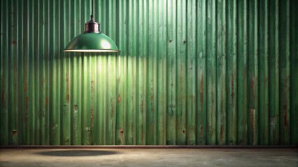 Wall Mural - Rustic Green Corrugated Metal Wall with Hanging Lamp Illuminating Empty Floor Space