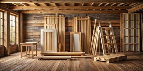 Aufkleber - Rustic Wooden Room Filled with Unfinished Wood Paneling, Frames, and Ladders Ready for Assembly and Refinishing
