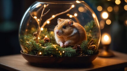 Wall Mural - A hamster in a decorative glass enclosure with greenery and lights.