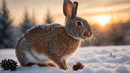 Wall Mural - A rabbit sits in the snow, surrounded by pinecones, against a sunset backdrop.