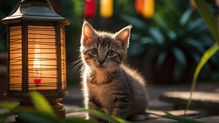 Wall Mural - A curious kitten sits beside a glowing lantern in a lush, green environment.