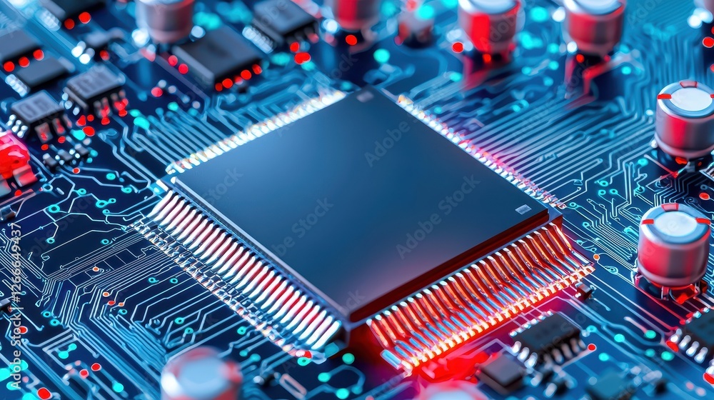 Computer Chip Complex Layout Intricate closeup, exploring the complex circuitry and components of a ...