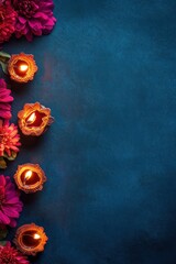 Wall Mural - Diwali festival, lit diyas, flowers, dark background, greeting card