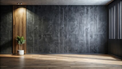 Wall Mural - Modern minimalist interior design featuring a textured concrete wall, wood panel accent, and hardwood floor