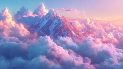 Wall Mural - Majestic snow-capped mountain peak above clouds at sunset, ideal for travel/fantasy backgrounds