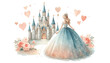 © AZM Art - A princess in a ball gown standing in front of a castle with floating hearts and sparkles. Watercolor clipart illustration isolated on a white background