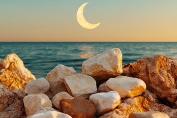 Poster - Serene coastal scene at sunset with a crescent moon above smooth, sunlit rocks by the tranquil sea.