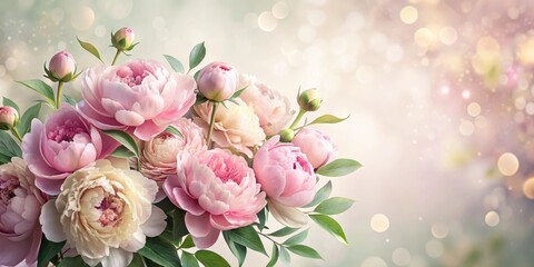 Wall Mural - Elegant floral design featuring a bouquet of lush peonies in soft pastel hues, set against a seamless background of delicate petals and leaves, garden, pattern