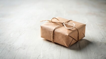 Poster - A simply wrapped gift, tied with twine, rests on a light wooden surface, suggesting a thoughtful present or a small package awaiting delivery.