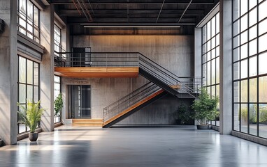 Wall Mural - Modern industrial mezzanine with a minimalist approach, steel and wood combination, large windows with natural light, stylish decor, architecture magazine quality