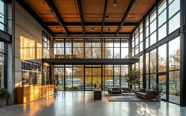 Wall Mural - Modern industrial mezzanine with a minimalist approach, steel and wood combination, large windows with natural light, stylish decor, architecture magazine quality