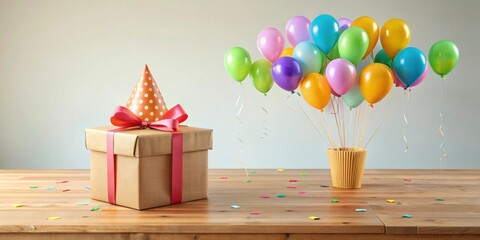 Wall Mural - Festive Birthday Celebration A Gift Wrapped with a Bow and Party Hat Next to a Bouquet of Colorful Balloons in a Yellow Container on a Wooden Table