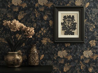 Wall Mural - Dark floral wallpaper interior, framed botanical print, vase, shelf