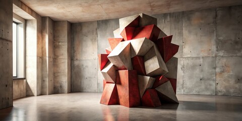 Wall Mural - Abstract Red and Beige Geometric Sculpture in a Modern Industrial Setting