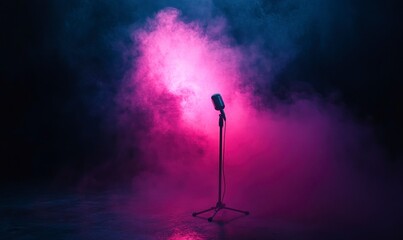 Wall Mural - depicts a microphone on a stage, with a pink light illuminating it in the darkness. Smoke surrounds the microphone