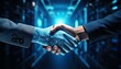 © Emiliano - Handshake between AI and businessman, ready to work as a team on the future of Artificial Intelligence in language models and machine learning.