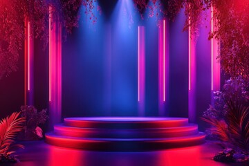 Canvas Print - The stage is illuminated by red and purple spotlights, creating an atmosphere of mystery. The background features a dark gradient with soft lighting that adds depth to the scene.