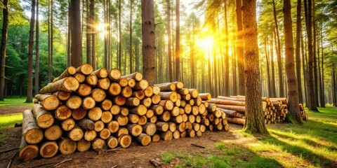 Poster - Golden Hour Lumber Stack in a Verdant Forest, Sunlight Filtering Through Tall Trees, Creating a Dramatic and Peaceful Scene