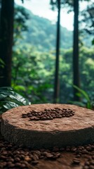 Wall Mural - In the forest, there is an empty circular stone platform made of stone and coffee beans scattered on it. In front of the camera, green mountains create a beautiful natural scenery background.