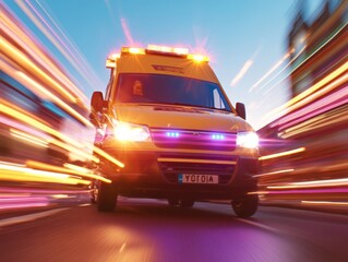 Aufkleber - Dynamic Emergency Care Visual High-Speed Ambulance in Urban Light Trails - Vital Medical Content and Advanced Healthcare Solutions for Crisis Response