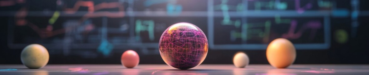 Fototapete - Abstract Geometric Learning Tools Neon Spheres on Chalkboard Canvas for Interactive Academic Visualization in Modern EdTech Environments and Immersive Classroom Design