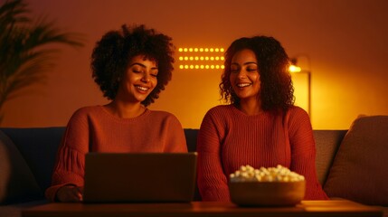 Aufkleber - Warm-Toned Cozy Streaming Space Two Women Enjoying an Adaptive Blanket and Accessible Laptop in Modern Home - Social Lifestyle and Accessible Entertainment Design