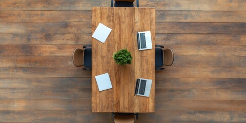Fototapete - Minimalist Business Meeting Contemporary Solid Wood Conference Table with Laptops and Documents - Enhancing Workplace Collaboration and Diversity in Modern Corporate Environments