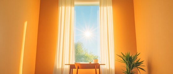 Poster - Sunlit Minimalist Office Mid-Century Desk with Warm Color Palette and Natural Light - Optimized for Productivity and Design Innovation in Modern Workspaces