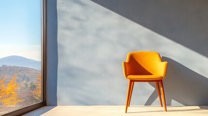 Poster - Biophilic Workspace Corner Vibrant Orange Armchair with Natural Light and Scenic View - Modern Office Design and Inspiring Employee Environment Enhancement