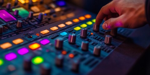 Leinwandbilder - Dynamic LED-Enhanced Audio Mixing Console Precision Control Surface with Metallic Accents for Professional Sound Engineering and Modern Studio Production