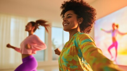 Aufkleber - Vibrant Virtual Workout Inclusive Activewear and Smart Tech Integration for Modern Wellness - Indian Women in Dynamic Living Space