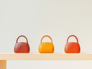 Poster - Minimalist Handbag Display Trio of Leather Bags on Light Wood Shelf - Luxury Retail Concept and Modern Fashion Merchandising for Upscale Shopping Experience