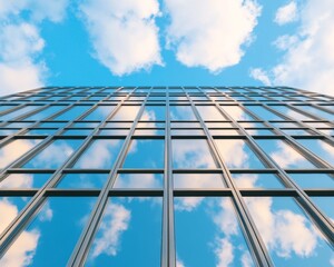 Poster - Modern Urban Heat Analysis Reflective Glass Facade with Sky Reflections - Climate Tracking Content and Smart Architecture for Sustainable Urban Planning