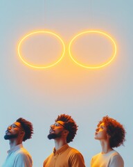 Poster - Neon Collaboration Diverse Team Analysis with Futuristic Neon Circles and Contemporary Minimalism - Business Strategy in Modern Office for Dynamic Enterprise Growth