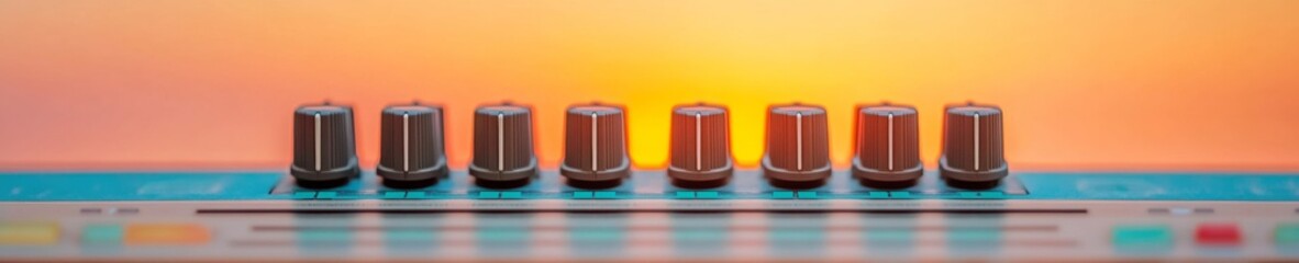 Poster - Retro-Futuristic Audio Interface Control Vintage Knobs on Gradient Background in Recording Studio - Creative Sound Engineering and Music Production Innovation, Enhancing Acoustic Precision