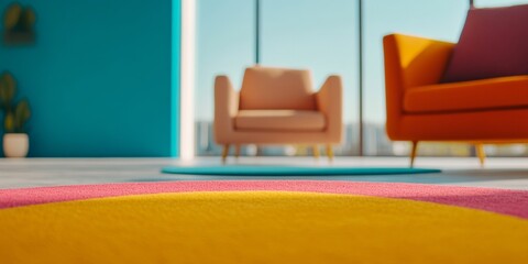Aufkleber - Dynamic Co-Working Aesthetic Vibrant Upholstered Seating with Bold Textures in Sunlit Workspace - Creative Business Environment and Modern Office Design for Young Professionals