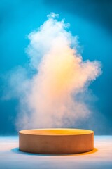 Fototapete - Dynamic Theater Stage Lighting Circular Wooden Platform with Smoke Highlights - Creative Event Design and Professional Performance Setup in Cultural Entertainment Spaces