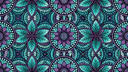 Poster - Intricate Teal and Purple Floral Mandala Design, Seamless Pattern for Textile or Wallpaper Projects