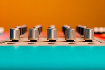 Poster - Vibrant Modern Sound Artistry Professional Audio Mixing Console with Textured Knobs and Monitor Speakers - Cutting-Edge Music Production for Studio Innovation and Acoustic Excellence