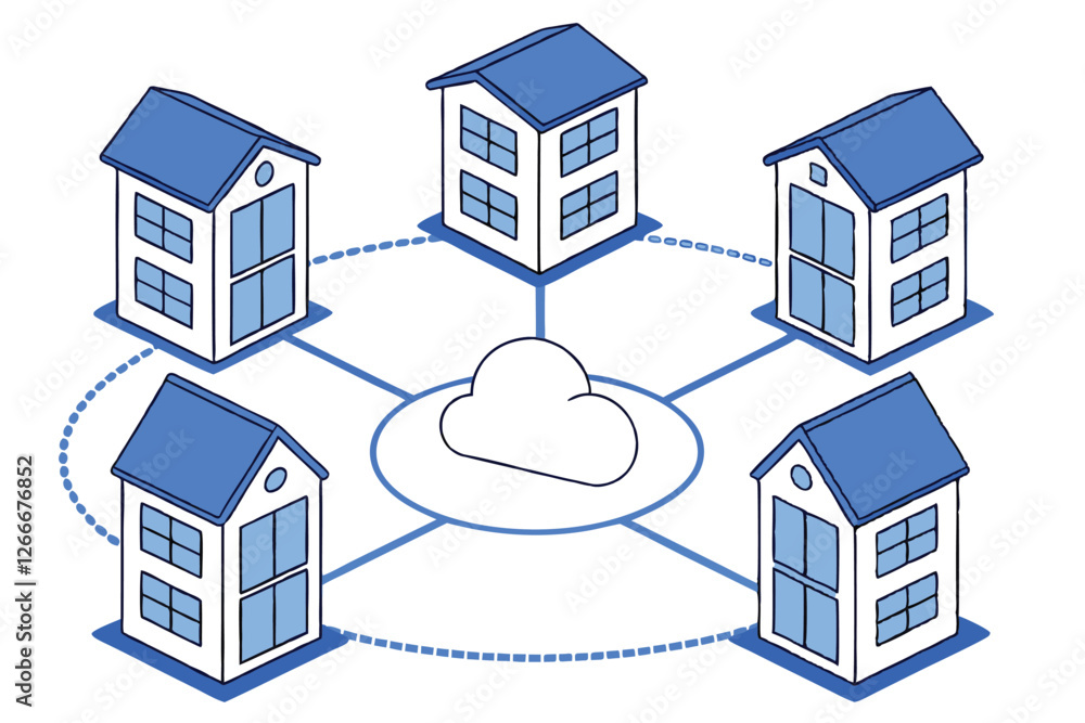 Illustration of a cloud computing network with a central white cloud ...